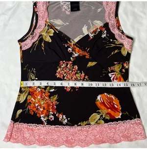 Y2K j.t.b. Floral and lace trim wraps v-neck tank top large brown pink orange poppy thumbnail 8