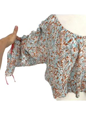 By Anthropologie Boho Peasant Floral Shirred Blouse Brown Blue Size Large thumbnail 3