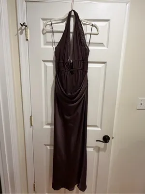 Misha Halter Cutout Satin Maxi Dress in Deep Brown thumbnail 9