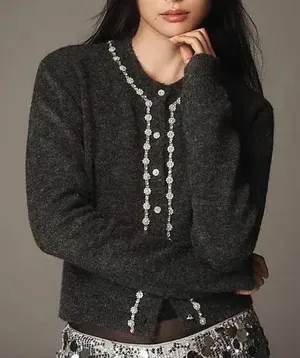 Maeve Dark Gray Crewneck Cardigan with Silver Sequin Trim thumbnail 1