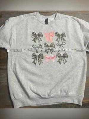 Gildan Heather Gray Crewneck Sweatshirt with Pink, Green and Camo Bows thumbnail 6