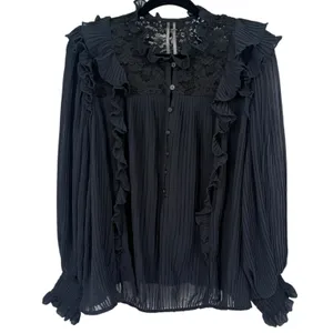 Anthropologie Pleated Ruffled Sheer Lace Blouse‎ Top Black Size LP Whimsigoth thumbnail 4
