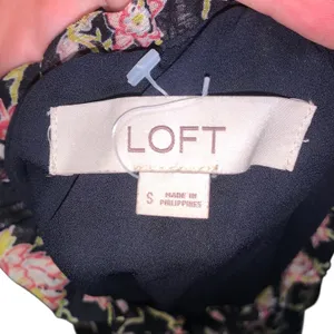 LOFT Dress Black Floral Drop Waist Ruffle Neck Gold Embroidered Polka Dot thumbnail 7