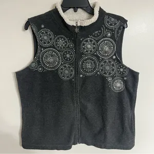 Croft Barrow Size Large Gray Snowflake Embroidered Fleece‎ Zip Front Vest thumbnail 1