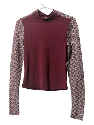Free People Burgundy Mesh Mock Neck Top Chevron Lace‎ Long Sleeve Small thumbnail 1