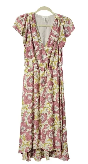 Leith Floral Midi Dress Women's Pink Ivory High Low Flutter Sleeve,‎ Medium thumbnail 1