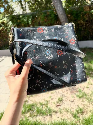 Coach Leather Crossbody Messenger Bag Blue Color With Floral Print Long Strap thumbnail 3
