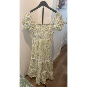 Japna Floral Cotton‎ Midi Dress Yellow White Puff Sleeve Tiered Lace Trim Size M thumbnail 3