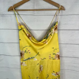 Boohoo NWT Womens 12 Yellow Satin Floral Cowl Neck Slip Maxi Dress Flute Hem thumbnail 3