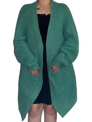 Green waffle knit cardigan. thumbnail 1