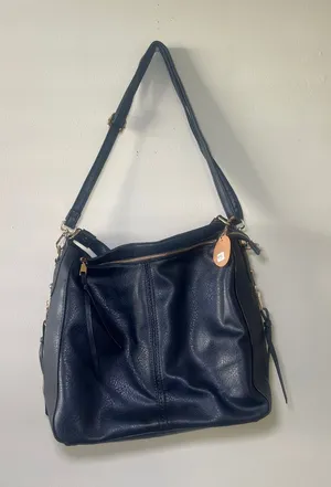Navy Leather Shoulder Bag with Gold Hardware - Women's thumbnail 1