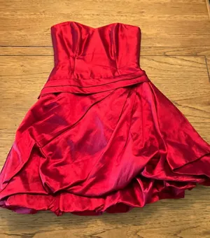 Women's Red Satin Strapless Sweetheart Pleated Mini Zip Dress w/ Bolero S thumbnail 1