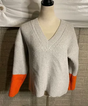 Stitches + Stripes Gray Orange‎ Colorblock V Neck Knit Sweater Womens Size L thumbnail 1