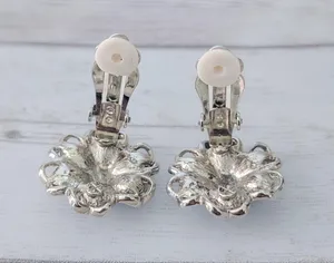 Vintage Clip On Earrings Large Turquoise Tone & Silver Tone Flower Whimsical thumbnail 6