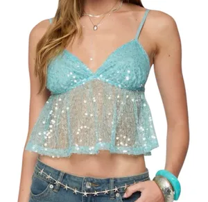 NWT Edikted Blue Sequin Sheer Babydoll Top Cami Tank Crop Top XL thumbnail 3
