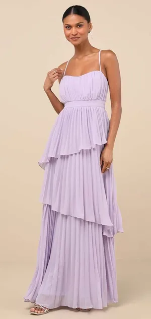 NWT Lulus Jehona Lavender Pleated Tiered Maxi Dress Bridesmaid Holiday Gala Sz S thumbnail 1