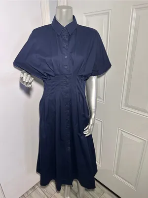 Quince Stretch Cotton Poplin Pleated Midi Shirt Dress Deep Navy Womens Size S thumbnail 2