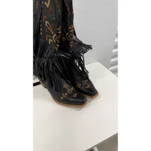 Women's Black Western Fringe Cowboy Boots Embroidered Pointed Toe Block Heel 8.5 thumbnail 3