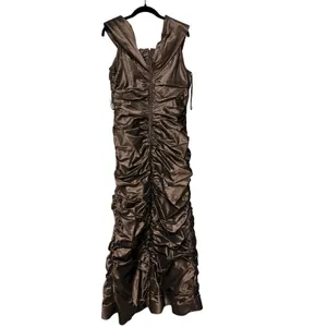 Rickie Freeman Teri Jon 100% Silk Bronze Metallic Ruched Maxi Gown Dress Size 16 thumbnail 4