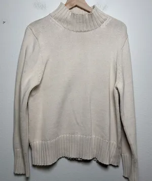 J. Crew Women 100% Cotton Sweater‎ Large Ivory Mock Neck Chunky Knit Cabin thumbnail 1