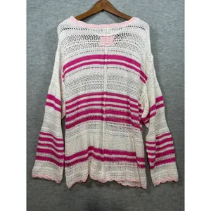 POL Womens‎ Striped Sweater Pink White Sz M Open Knit Beachy thumbnail 6