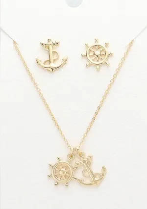 Metal Ship Wheel Anchor Pendant Necklace & Earrings thumbnail 1