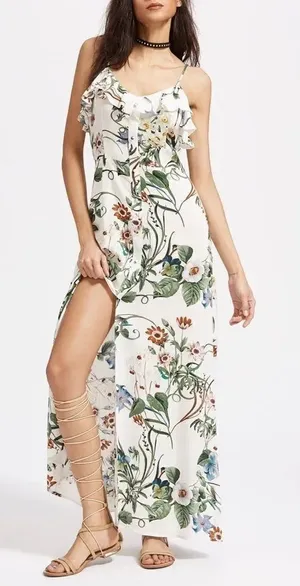 ✨HP✨White Botanical Print Front Ruffle Cami Dress✨ thumbnail 1