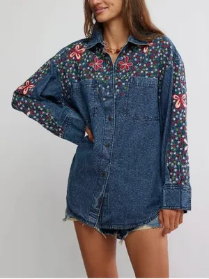 FREE PEOPLE NWT Rainbow Embroidered Denim Shirt / Rinse Wash thumbnail 3