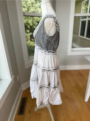 Vintage Handmade Black & White Gingham Tiered Cotton Midi Dress FLAW thumbnail 2