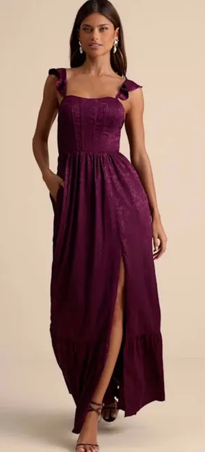 Lulu's Plum Ruffled Strap Maxi Dress with Side Slit thumbnail 1