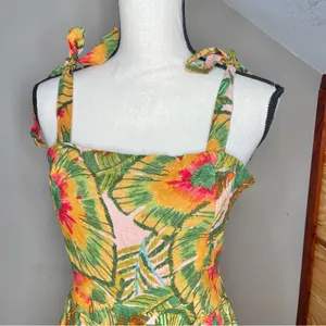 Cynthia Rowley Linen Blend Multicolor Tropical Wide Leg Jumpsuit Medium M thumbnail 4