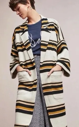 Anthropology The Odells Striped Longline Jacket in White & Black Large thumbnail 1