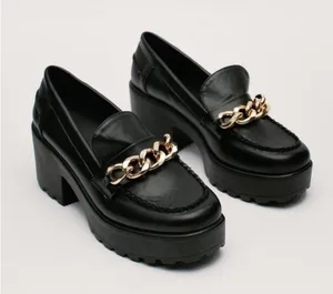 Nasty Gal Black Faux Leather Chunky Loafer with Gold Thick Chain Size 8 thumbnail 3