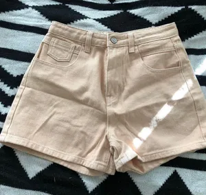Cream tan-pinkish high waisted cuffed jean denim shorts thumbnail 1
