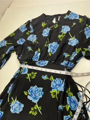 Free People Samantha Lace Up Mini Dress Black Floral Blue Combo Womens Large thumbnail 9