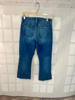 Loft Bright Mid Indigo Wash Flare High Rise Kick Crop Button Fly Jeans Size 28/6 thumbnail 6