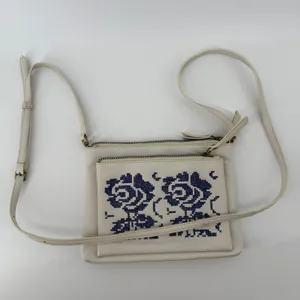 Clever Carriage Company Cross Stitch Rose Leather‎ Crossbody Purse White Blue thumbnail 11