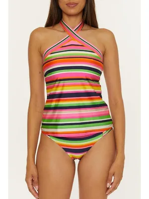 Trina Turk Womens 8 Anniversary Stripe Reversible High Neck Tankini Swimsuit Top thumbnail 5