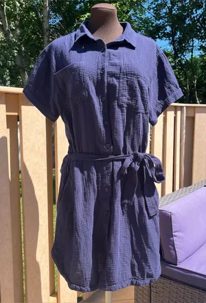 Weatherproof Vintage 100% Cotton Gauze Navy Short Sleeve Belted Shirt Dress Sz M thumbnail 1