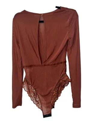 Commense Long Sleeve Sheer Lace Mesh Bodysuit Brown NWT Sold Out Size Small thumbnail 3