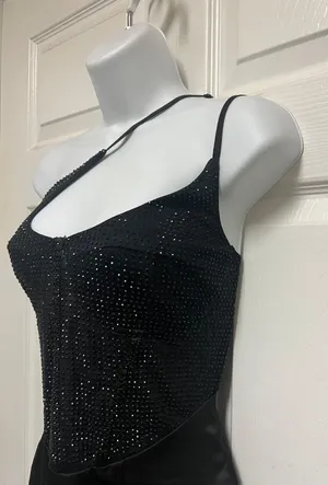 UNBRANDED Black Double One Shoulder Strap Rhinestone Mini Corset Slip Dress thumbnail 4