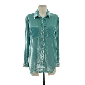 Anthropologie Pilcro Mara Relaxed‎ Velvet Buttondown Top Teal Blue Size US 2 thumbnail 3
