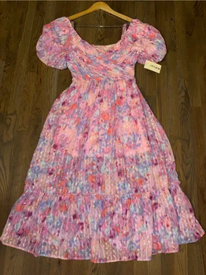 NWT Basil & Lola Floral Puff Sleeve Tiered Midi Dress Women’s Size Medium M thumbnail 1