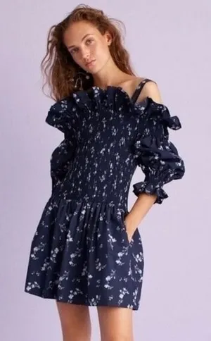 Revolve‎ REBECCA TAYLOR Francine Off Shoulder Dress Floral Smocked Navy Blue 0 thumbnail 1