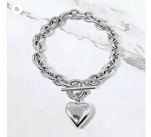 Stainless Steel Puffy Heart Charm Toggle Bracelet thumbnail 2