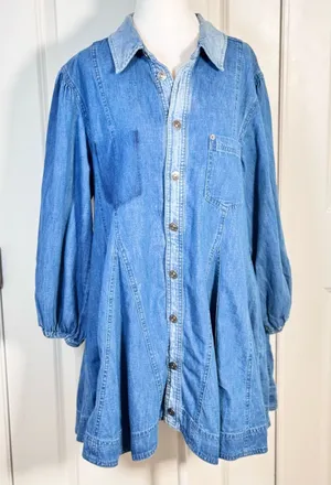 Free People Get Free Denim Mini Dress S Godet Swing Puff Sleeve Pockets Cotton thumbnail 1