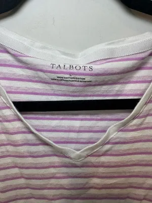 Talbots 100% Cotton Short Sleeve Striped V-Neck T-Shirt Size L White and Purple thumbnail 2
