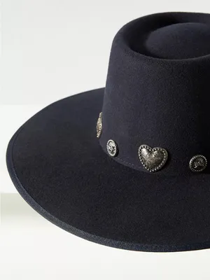 Wyeth Rochelle Boater Hat Black Wool Felt Western Heart Concho Vintage Cowgirl thumbnail 5