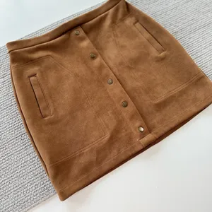Free Planet Cognac Brown Faux Suede Snap Front Detail Stretch Mini Skirt thumbnail 2