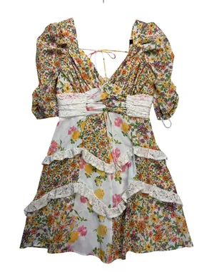 JardinVue Mini Dress Womens Size S Multicolor Floral Lace Tiered Ruffle Boho thumbnail 1